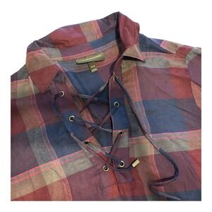 Lane Bryant Top Blouse Tunic Women 14/16 Maroon Plaid Flannel V Neck Long Sleeve